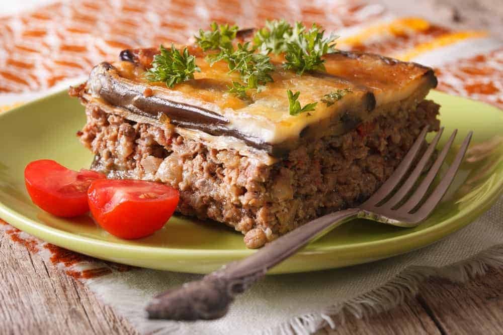Homemade moussaka on the green plate - Nosta restaurant Cork